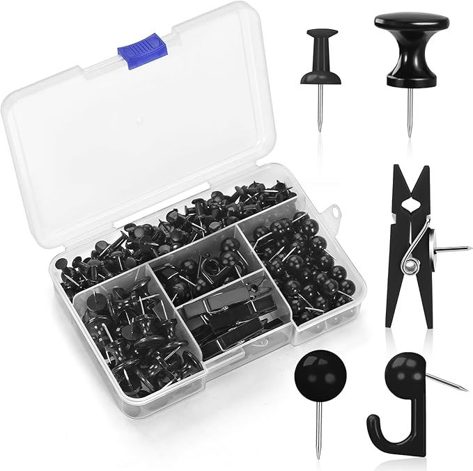 240Pcs Black Push Pins,5 Style Thumb Tacks, Black Plastic Push Pins for Bulletin Boards, Cork Board,Wall,Cork Board Accessories, Office Home Supplies-DeskLoop Office