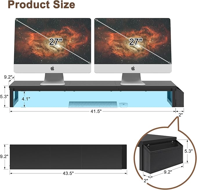 LAND·VOI Dual Monitor Stand Riser,41.5'' Long Monitor Stand for 2 Monitors, Wood and Steel Computer Monitor Stand, Desktop Oraganizer with Pen Holder, Monitor Riser for Desk Computer,Laptop,TV, Black-DeskLoop Office