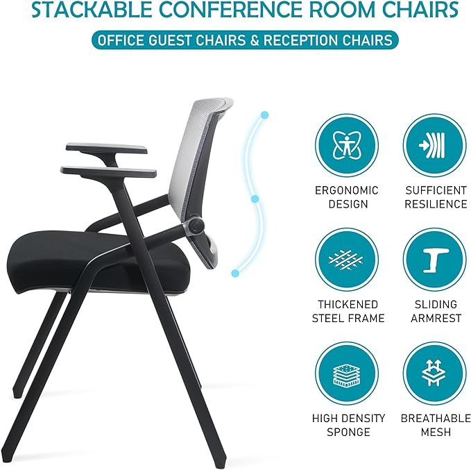 Conference Room Chairs, Folding Office Desk Chair with Lumbar Support and Sliding Armrest with Casters, Stackable Office Guest Chairs & Reception Chairs(4 Pack)-DeskLoop Office