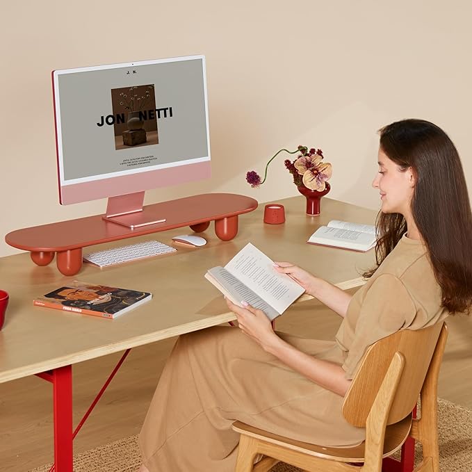 Fenge Monitor Stand Riser, 34 Inch Dual Monitor Riser for Large Monitors, Desk Organizer with Wooden Shelf & Solid Wood Legs, Computer Stand for Laptop, TV, PC, Printer, Red-DeskLoop Office