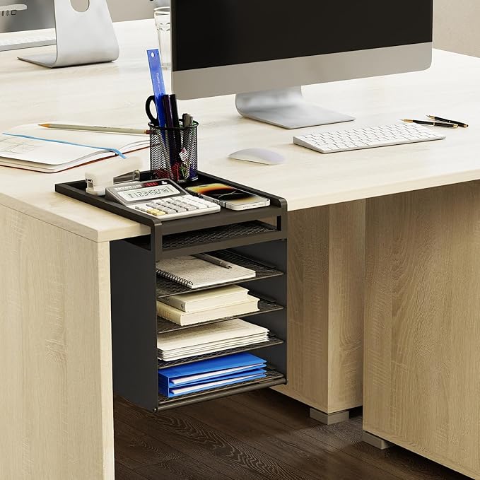 Aothia Desk Organizer with 4 Sliding Trays – Metal File Organizer for Desktop, Hanging Under Desk Organizer and Paper Tray Shelf, Space-Saving Office Document Sorter, Black-DeskLoop Office