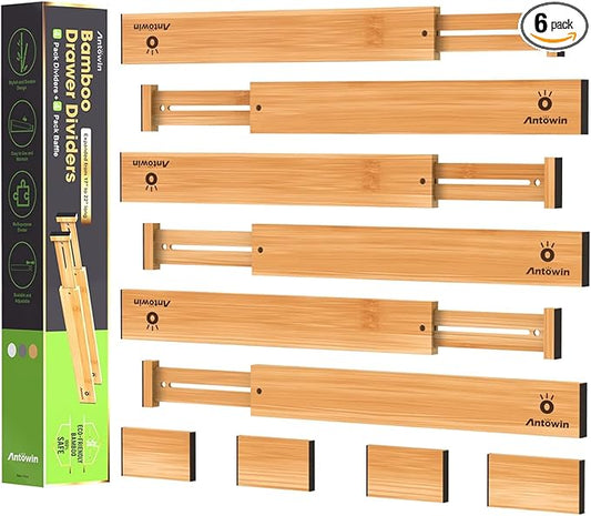 ANTOWIN Bamboo Drawer Dividers, Expandable Drawer Separators Splitter, 17-22 inches Adjustable Spring-loaded Organizer for Large Utensil, Clothes, Tools Drawers, 6 Pack Dividers + 4 Pack Baffle-DeskLoop Office