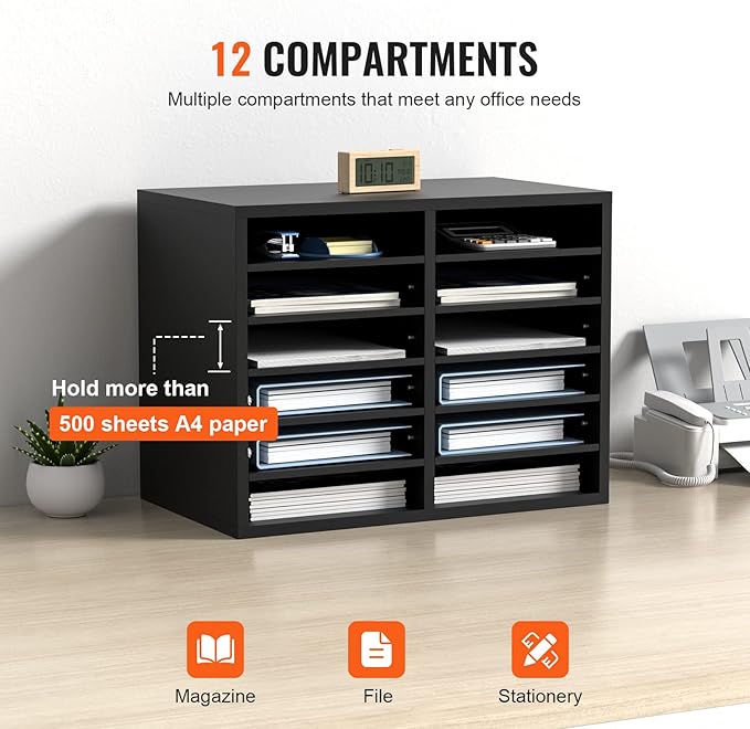 VEVOR Literature Organizers, 12 Compartments Office Mailbox with Adjustable Shelves,Wood Literature sorter 20.4x12x16.1 inches for Office, Home, Classroom, Mailrooms Organization, EPA Certified Black