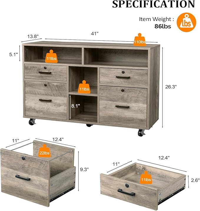 VINGLI Wide 4 Drawer File Cabinet with Lock, Rustic Grey Rolling File Cabinet with Open Shelves, Lockable Printer Stand, Letter Sized-DeskLoop Office