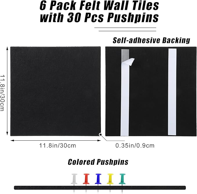 Large Cork Board 36" x 24", 6 Pack Felt Wall Tiles with 30 Pcs Pushpins, Bulletin Board with Removable Self-Adhesive Strips, Pin Boards Cork Boards for Walls Office Home Classroom Decor-Black-DeskLoop Office