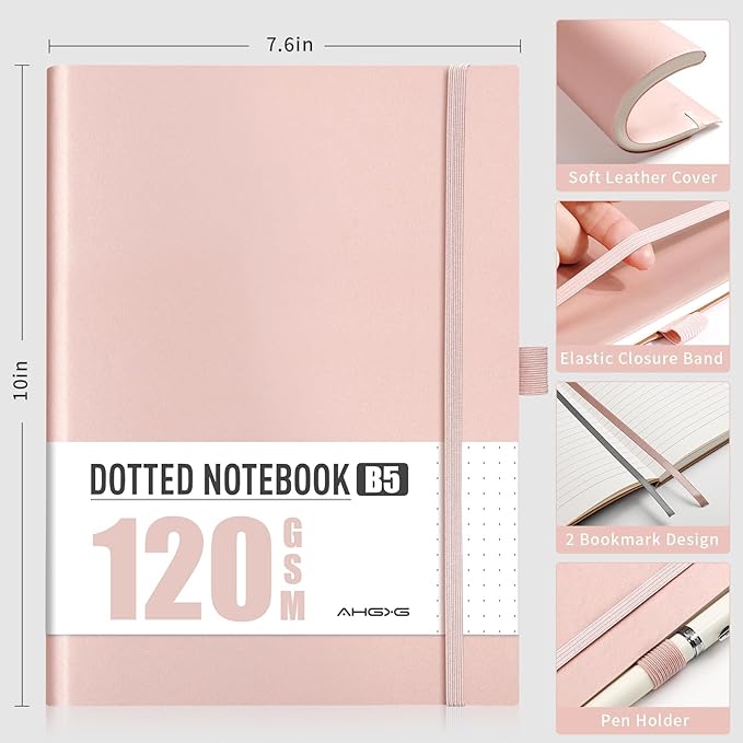 AHGXG Bullet Dotted Journal - Dot Grid Notebook Journal, 120 GSM Thick Acid-Free Paper, Large B5 Dotted Notebook 96 Pages, Leather Softcover, Inner Pocket, Journal Stencil, 7.6'' X 10'' - Rose Gold-DeskLoop Office