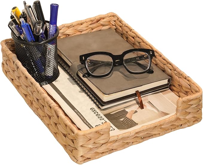 PINXIURY Water Hyacinth Letter Tray for A4 File Desk Mail Letter-Size Paper, Basket Woven Organizer, Magazine Files Storage, Office Document Organizer and Storage-DeskLoop Office