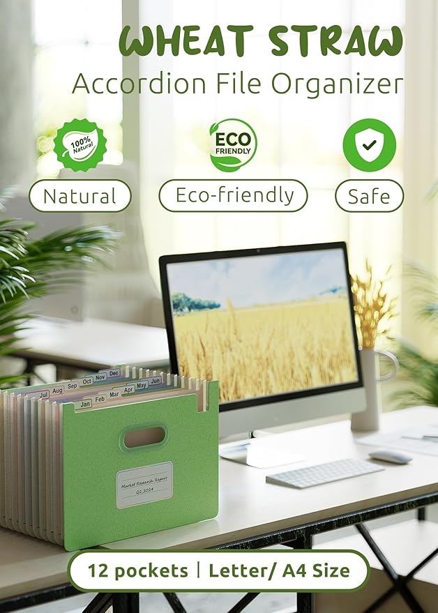Accordion File Organizer, 12 Pockets Wheat Straw Expanding File Folders, Upright & Open Top, Monthly Bill Receipt Organizer, 100% BPA Free, Return to Nature, Healthy Living, Letter/A4 Size-Mint Green-DeskLoop Office