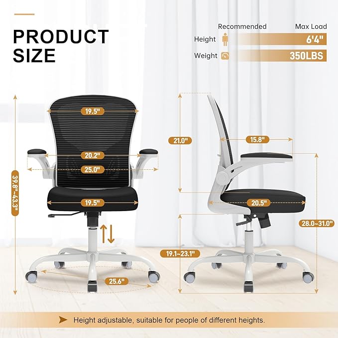 Office Chair, Ergonomic Desk Chairs 330LBS Capacity High Back Mesh Computer Chair with Flip-up Armrests, Comfy Work Chair with Adjustable Lumbar Support, Rolling Chair-DeskLoop Office