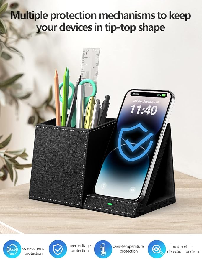 2-in-1 Pen Holder with Wireless Charger, Compatible with iPhone 16/15/14/13/12/11/8 Series, Pencil Holder Phone Stand for Desk Home Office, Men Gift Husband Wife Anniversary Dad Birthday Idea Gadget-DeskLoop Office