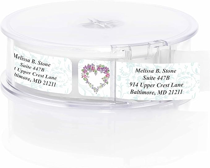 Floral Heart Wreath Rolled Address Labels with Elegant Plastic Dispenser-DeskLoop Office