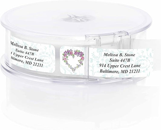 Floral Heart Wreath Rolled Address Labels with Elegant Plastic Dispenser-DeskLoop Office