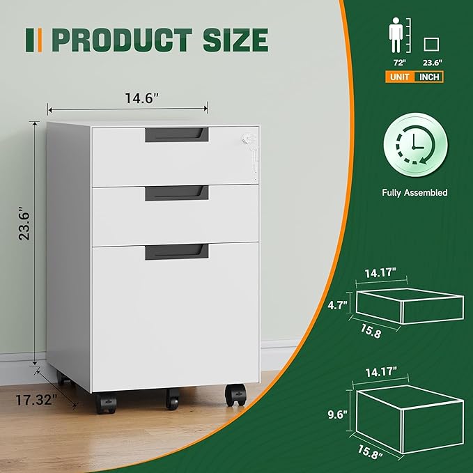 Letaya 3 Drawer Mobile File Cabinet with Lock,Under Desk Metal Small Filing Cabinets for Home Office Organizer Letters/Legal/A4(Fully Assembled Except Wheels-White)-DeskLoop Office