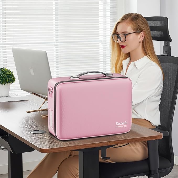 DocSafe Fireproof Document Box with Lock&Shoulder Strap,Hard Case File Organizer with Accordion File Folder,Multi-Layer Portable Home Office Travel Safe Storage for Important Documents Laptop Pink-DeskLoop Office