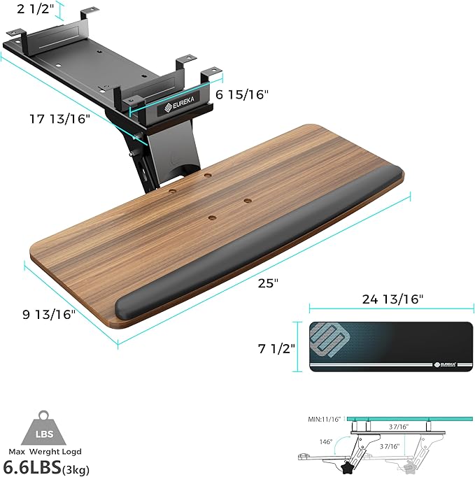 EUREKA ERGONOMIC Keyboard Tray Height Adjustable, Swivel Tilt Computer Keyboard Drawer Under Desk, 25x9.13'' Sliding Keyboard & Mouse Platform with Mouse Pad for Typing, Walnut-DeskLoop Office