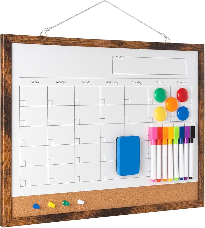 Dry Erase Calendar Whiteboard, 17" x 13" Magnetic Whiteboard Cork Board Combo, Reusable Monthly Planner with 8 Markers, Eraser, Magnets and Pushpins, Hanging Dry Erase Board for Home, School - Brown-DeskLoop Office