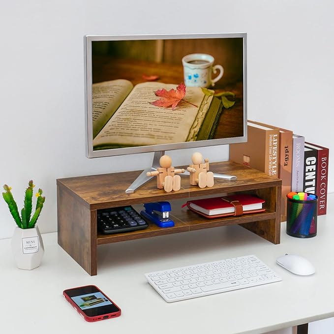 TEAMIX 2 Tier Wooden Monitor Riser Stand, Desktop Stand with storage for Laptop/PC/Printer/Keyboard, TV Stand Shelf Home Office Desk Accessories-DeskLoop Office