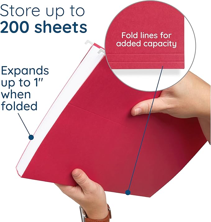 25 Blue Summit Supplies Legal Size Hanging File Folders - Red Hanging File Folders with Plastic Tabs and Inserts, Durable 11pt Paper, 25 Pack-DeskLoop Office