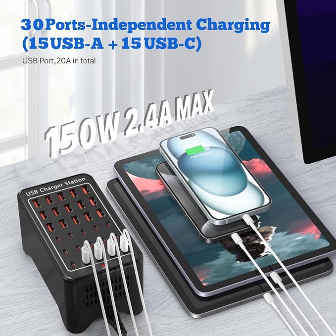Charging Station, USB C Charger Block, 150W 30-Port【15USB-C + 15USB-A】, Travel Charger Station Fast Charger Desktop USB Wall Charger Compatible iPhone, iPad, Tablets, Smartphones-DeskLoop Office