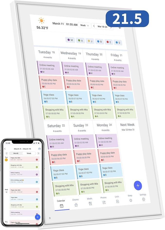 21.5 Inch Digital Calendar, Electronic Chore Chart, Smart Weekly and Monthly Planner 1920 * 1080P IPS Touchscreen Wall and Desk Calendar for Family Schedules, White-DeskLoop Office