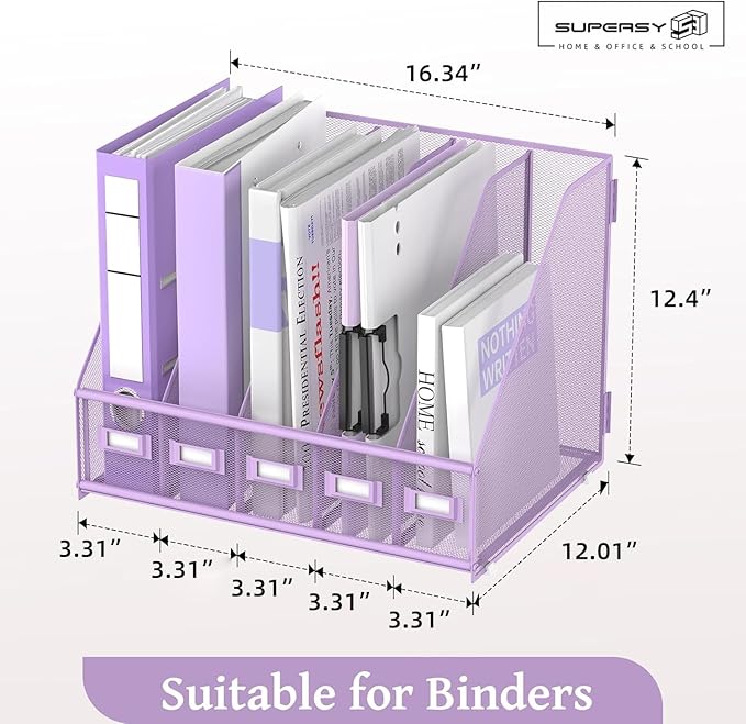 SUPEASY Desk Organizers Metal Desk Magazine File Holder with 5 Vertical Compartments Rack File Organizer for Office Desktop, Home Workspace, Purple Plus-DeskLoop Office