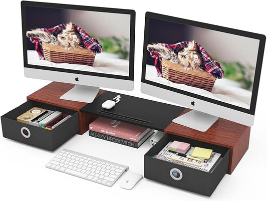 WESTREE Dual Monitor Stand Riser with Two Drawers, Extra Large Storage Monitor Stand for 2 Monitors, Desktop Oraganizer Stand for Computer,Laptop,Screen,Printer,TV-DeskLoop Office