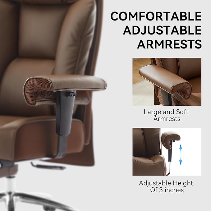 Big and Tall Ergonomic Office Chair 450LBS with Foot Rest, High Back PU Leather Executive Chair with Adjustable Padded Armrests, Lumbar Support for Home or Work, Heavy Duty Computer Chair, Brown-DeskLoop Office