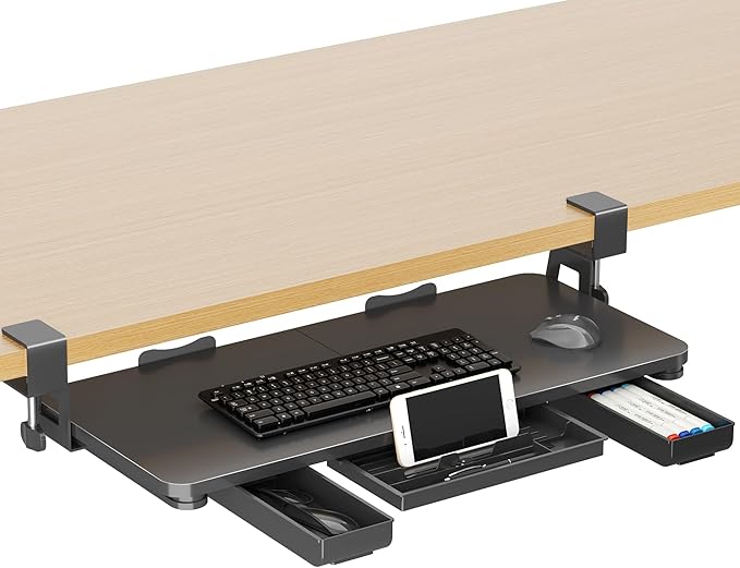 Keyboard Tray Under Desk with Storage Drawer Large C-Clamp 26.7”(31” Including Clamps) x 11.8” Slide-Out Platform Computer Drawer Pull Out Keyboard & Mouse Tray DSF7CT-DeskLoop Office