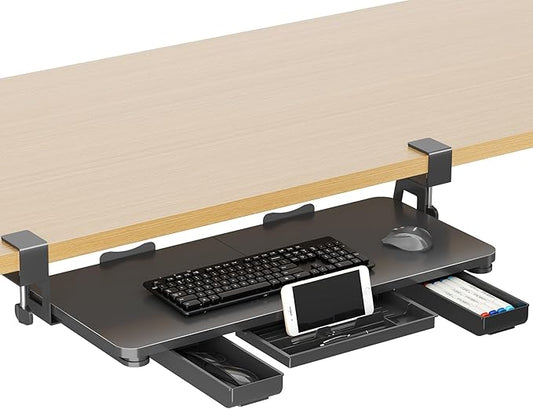 Keyboard Tray Under Desk with Storage Drawer Large C-Clamp 26.7”(31” Including Clamps) x 11.8” Slide-Out Platform Computer Drawer Pull Out Keyboard & Mouse Tray DSF7CT-DeskLoop Office