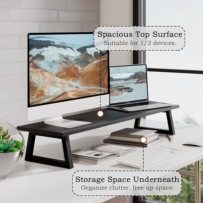 TEAMIX 31.5 inch Dual Monitor Riser, Long Black Monitor Stand Riser Wide TV Stand Riser Monitor Stand for 2 Monitors Wood & Steel Desktop Riser Desk Organization Home Office-DeskLoop Office