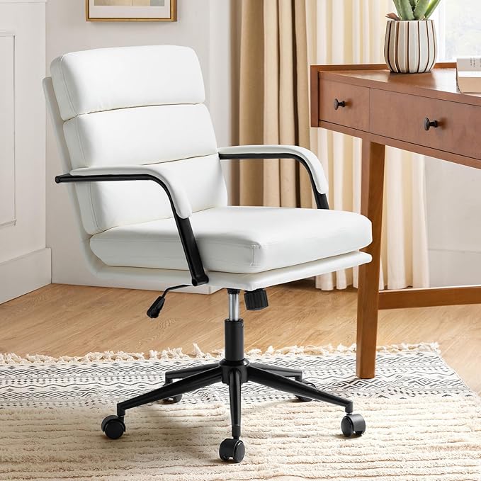 HULALA HOME Modern Faux Leather Home Office Chair with Tilt Lock & Metal Base, Desk Chair with Wheels & Padded Cushion, 360° Swivel Wide Seat Computer Task Chair, White-DeskLoop Office