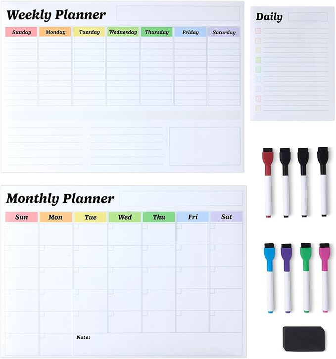 Amazon Basics Magnetic Dry Erase Calendar Whiteboard Set (3-Pack) for Fridge, 8 Markers and Eraser-DeskLoop Office