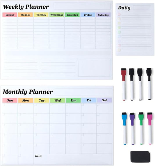 Amazon Basics Magnetic Dry Erase Calendar Whiteboard Set (3-Pack) for Fridge, 8 Markers and Eraser-DeskLoop Office