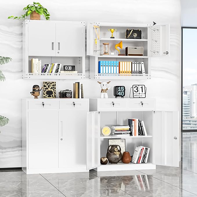INTERGREAT Metal Cabinet with Drawers, Lockable Metal Storage Cabinets with Doors and Shelves for Garage, White Locking Garage Storage Cabinets 36"×32"×16"-DeskLoop Office