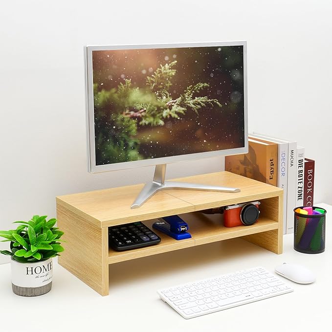 TEAMIX 2 Tiers Desktop Monitor Stand Riser 20 Inch Printer Stand with Storage Small TV Riser Laptop Wooden Desk Organizer Shelf Bookshelf Maple (Natural Maple, 2 tiers)-DeskLoop Office