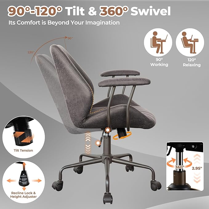 ovios Ergonomic Home Office Chair, Mid-Century Modern Faux Leather Chairs with Padded Armrests, Comfy Mid Back Swivel Rolling Executive Computer Armchair (Dark Grey, Suede Leather)-DeskLoop Office
