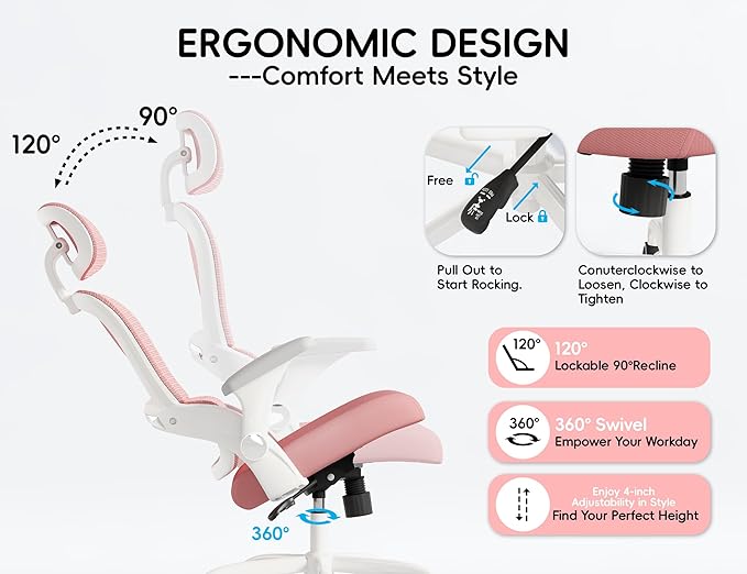 TRALT Office Chair - Ergonomic Office Chair with Back Support, Computer Chair - Home Office Desk Chairs, 330lbs Wide Seat Big and Tall Office Chairs with Headrest, Comfy Desk Chairs (Pink)-DeskLoop Office