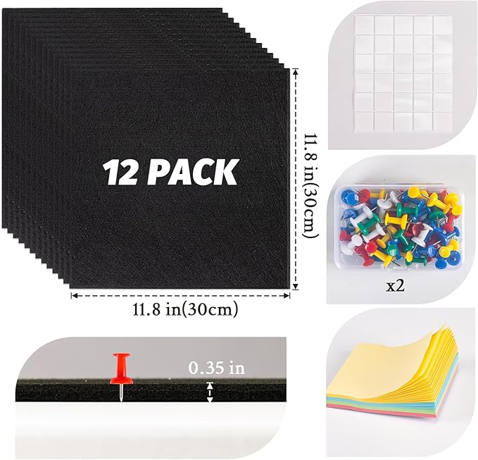 Large Cork Board Alternative, 12 Pack Felt Board with Safe Removable Adhesive Tabs Felt Wall Tiles, Large Cork Boards for Walls, Cork Board for Home Office, Pin Boards for Walls, Black-DeskLoop Office