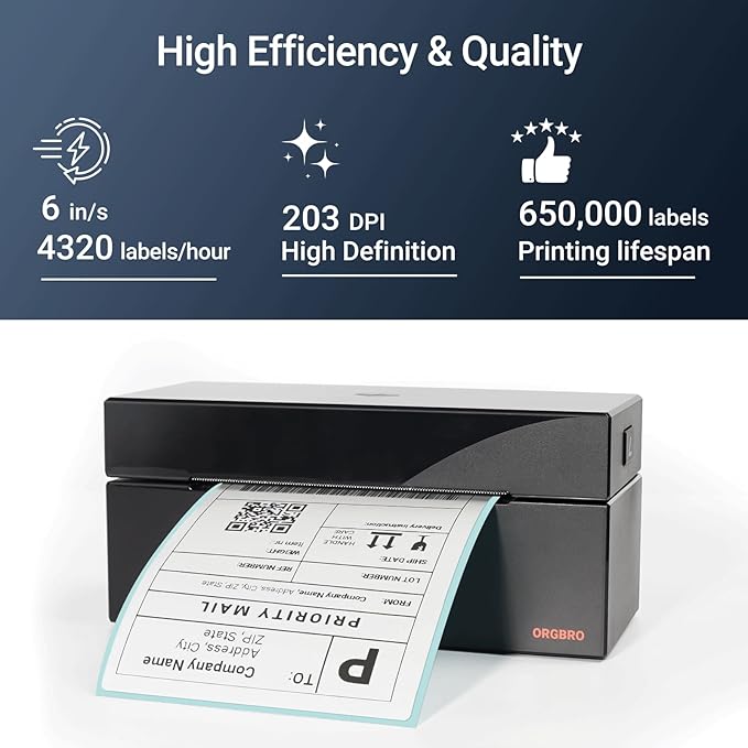 ORGBRO Z1 Shipping Label Printer, 4x6 Thermal Label Printer for Small Business, High Speed Sticker Maker for Commercial Grade Shipping Packages, Used for Amazon, Ebay, Shopify, USPS (USB Only)-DeskLoop Office