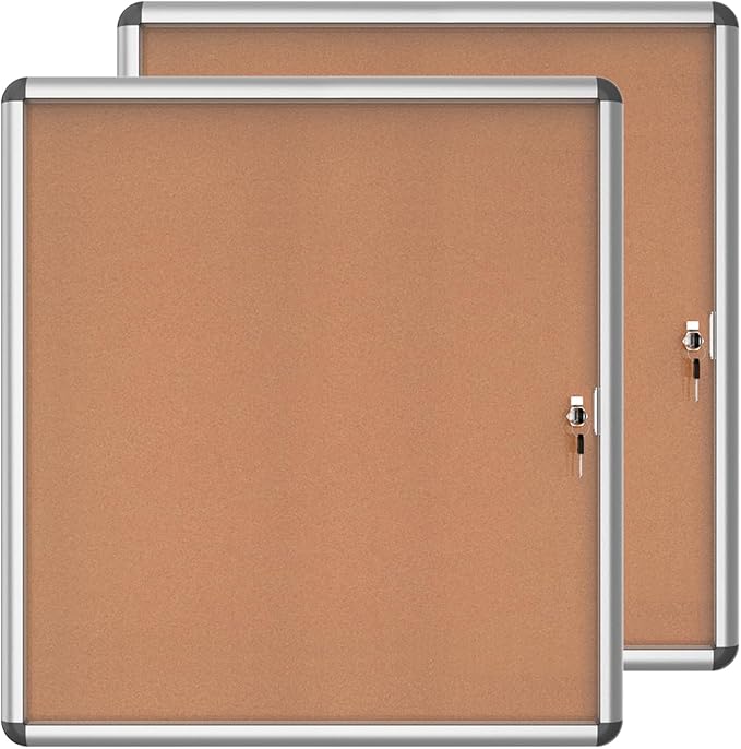 2 Pack 28"x26" Enclosed Bulletin Board, Lockable Weather-Resistant Aluminum Cork Noticeboard for School & Office, Silver Frame w/Cork-DeskLoop Office