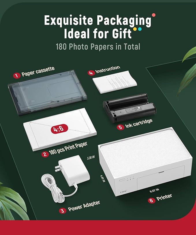 Liene M100 4x6'' Photo Printer Bundle (180 pcs +5 Ink Cartridges), Wi-Fi Picture Printer for iPhone, Android, Smartphone, Computer, Dye-Sublimation, Portable for Home Use-DeskLoop Office