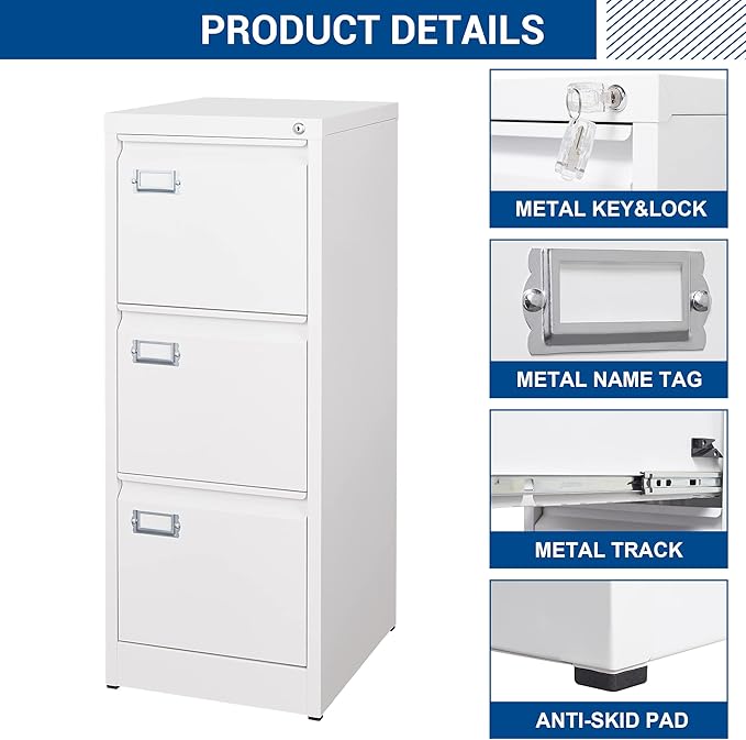 3 Drawers Vertical File Cabinets - 17.8" Deep Lockable Filing Cabinet - White Metal Storage Cabinets for Home Office to Hanging Files Letter/Legal/F4/A4 Size-DeskLoop Office
