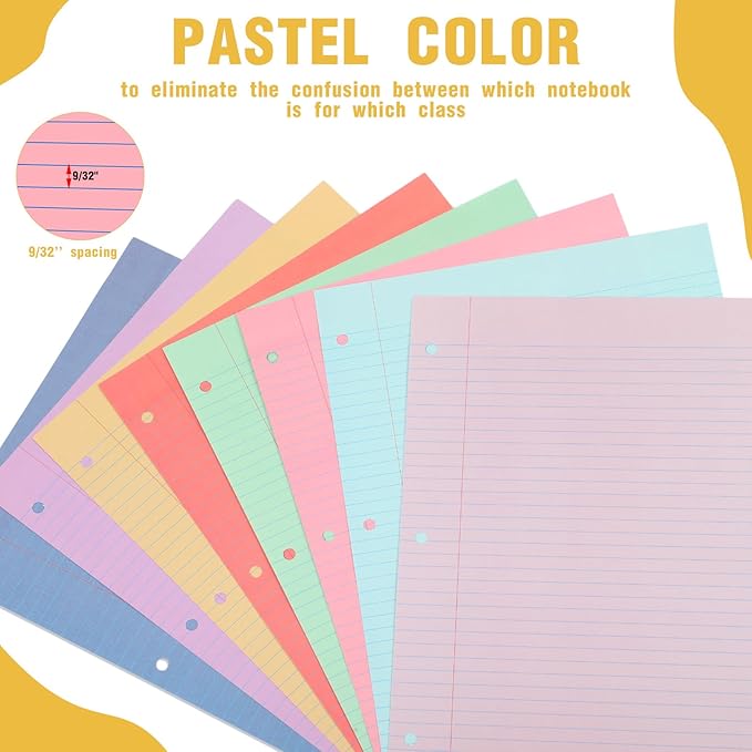 PerKoop 400 Sheets Colored Loose Leaf Paper 8.5" x 11" college ruled Lined 3 Hole Punched notebook Filler Paper for 3 Ring Binders Office School Supplies (Candy Colors)-DeskLoop Office
