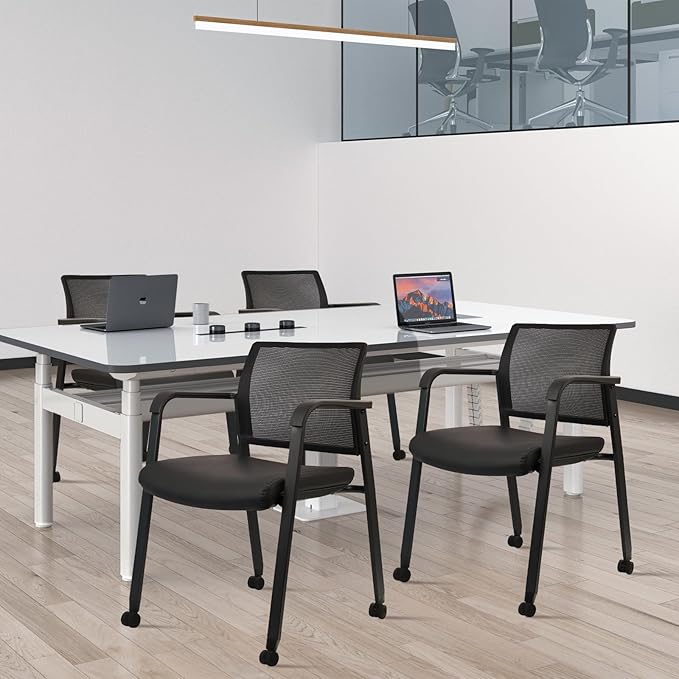 CLATINA Stacking Office Chair with Wheels, Mesh Back Waiting Room Guest Chairs with Arms Comfortable Leather Cushion Stackable Desk Chair for Conference Reception School Side Stationary, Black, 4PK-DeskLoop Office