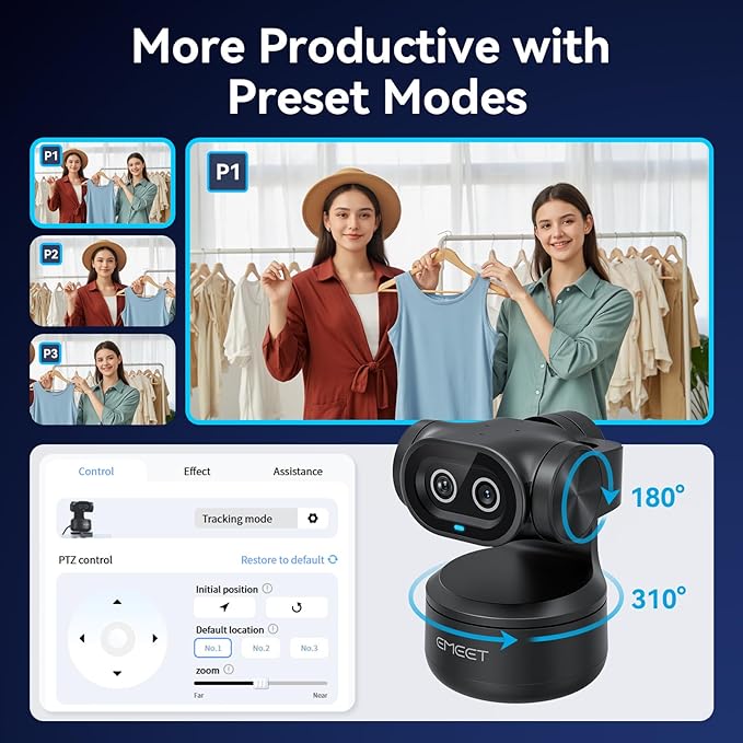 EMEET PIXY Dual-Camera AI-Powered PTZ Camera 4K, AI Tracking, PDAF&AI Autofocus 0.2s, 1/2.55'' Sony Sensor, 3 Mics, Presets, Gesture Control, 4K Webcam for Streaming and OBS/Twitch/Switch 2 Compatible-DeskLoop Office