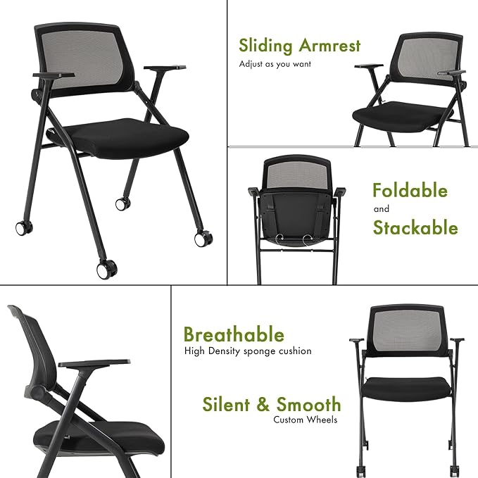 10 Pack Conference Room Chairs with Wheels and Sliding Armrest,Foldable Nesting Chair for Office School Church Waiting Room Black-DeskLoop Office