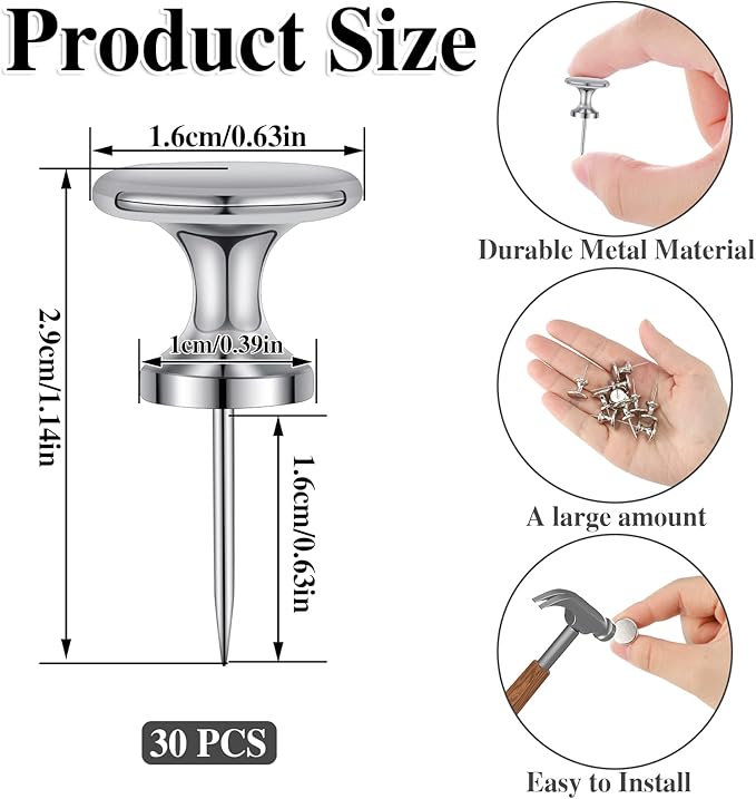 30 Count Jumbo Metal Push Pins 1.14 Inch, Giant Thumb Tacks for Wall hangings 20 Lbs Poster pins for Cork Board Bulletin Maps Office Home Classroom Decorative-DeskLoop Office