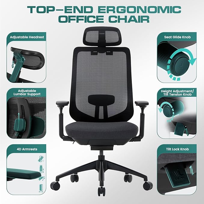 COLAMY Ergonomic Mesh Office Chair,High Back Computer Executive Desk Chair,Lumbar Support with Adjustable Headrest and 4D Arms, Slide Seat, Tilt Lock-Black-DeskLoop Office