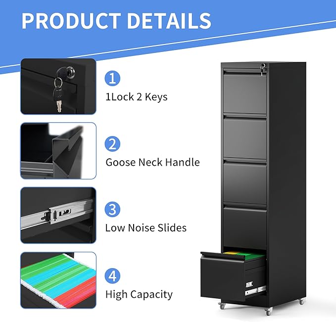 5 Drawer Mobile File Cabinet, Filing Cabinet Home Office for Letter, Legal Size, Black-DeskLoop Office