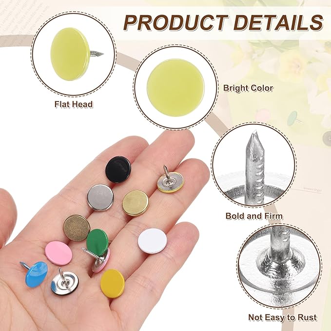 uxcell 150Pcs Upholstery Tacks, 11mmx10mm Flat Head Thumb Tack Decorative Furniture Nails Push Pins for Furniture Sofa Headboards, Light Yellow-DeskLoop Office